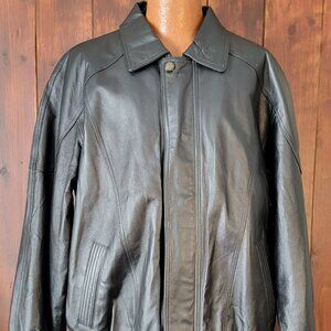 Vintage Charles Klein Men Black‎ Leather Bomber Jacket XLT Elastic Waist Iconic